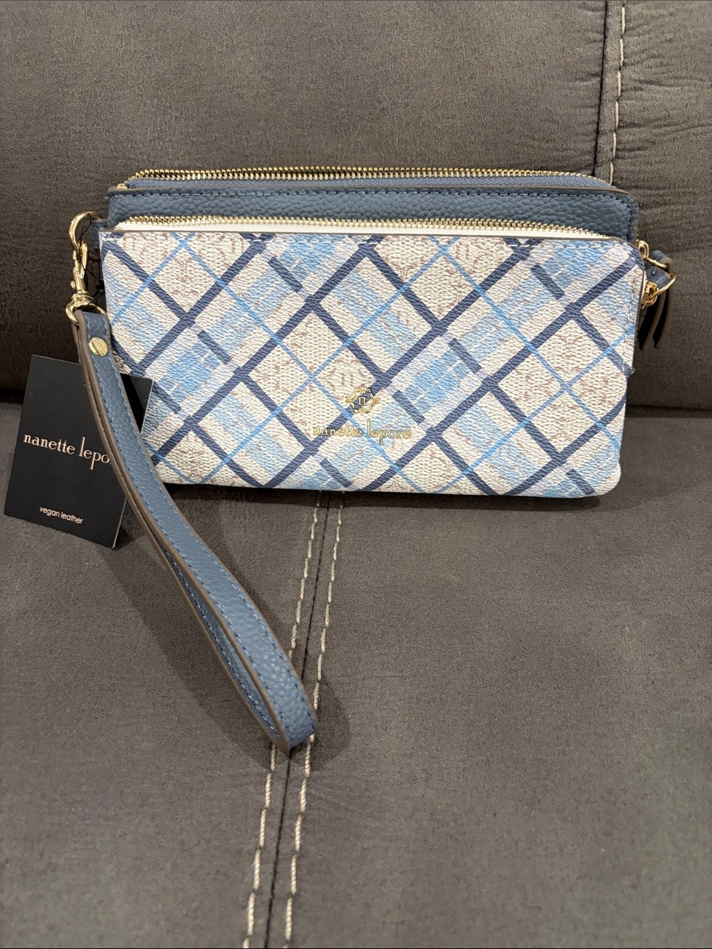 Nanette Lepore Blue Plaid Double-Zip Wristlet